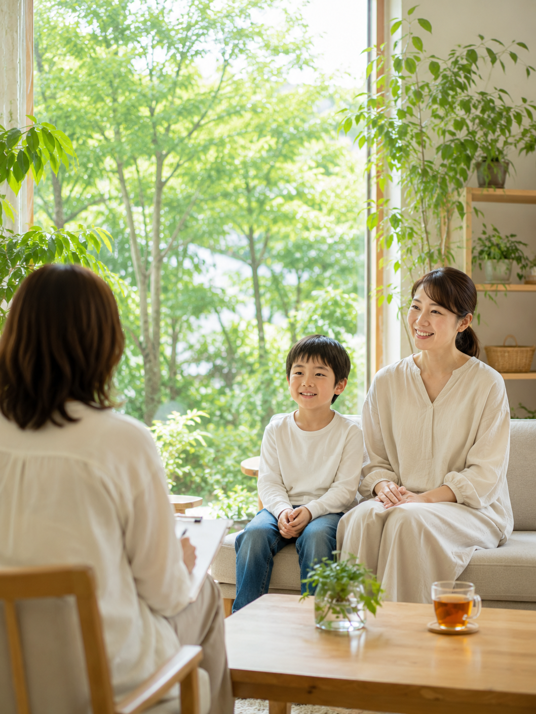 笑顔の親子がカウンセリングを受けている写真